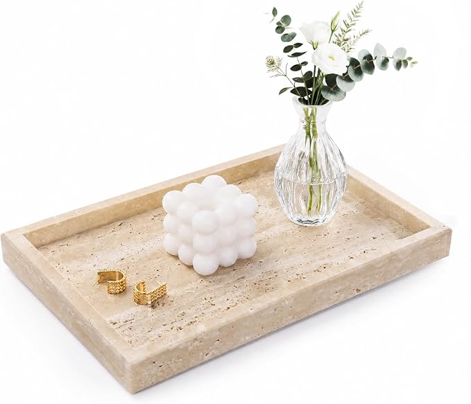 Marble Bathroom Tray for Countertop & Home Decor, Natural Decorative Marble Tray for Jewelry & Perfume Organizer, Stone Vanity Trays for Dresser, Kitchen Counter, 12" x 8", Beige Travertine by Homaura