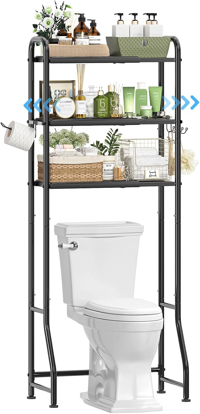 Simple Trending Expandable Over The Toilet Storage Rack, Metal 3 Tier Bathroom Organizer Shelf with Paper Holder and 3 Hooks, Black - Image 4
