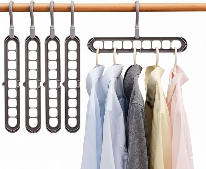 Space Saving Clothes Hangers | 4 Pack Sturdy Cascading Hangers with 9 Holes for Heavy Clothes | Closet Organizers and Storage | Durable Premium Quality Plastic | 4 Pack - Grey by Unknown