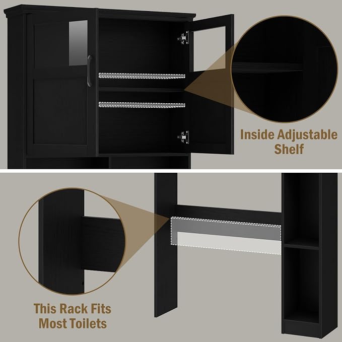 Vabches Over The Toilet Storage Cabinet with Doors & Paper Holder, Black - Image 7