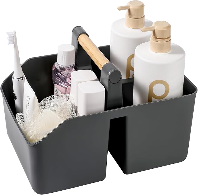 Plastic Shower Caddy, Portable Basket with Bamboo Handle, Dark Gray by rejomiik