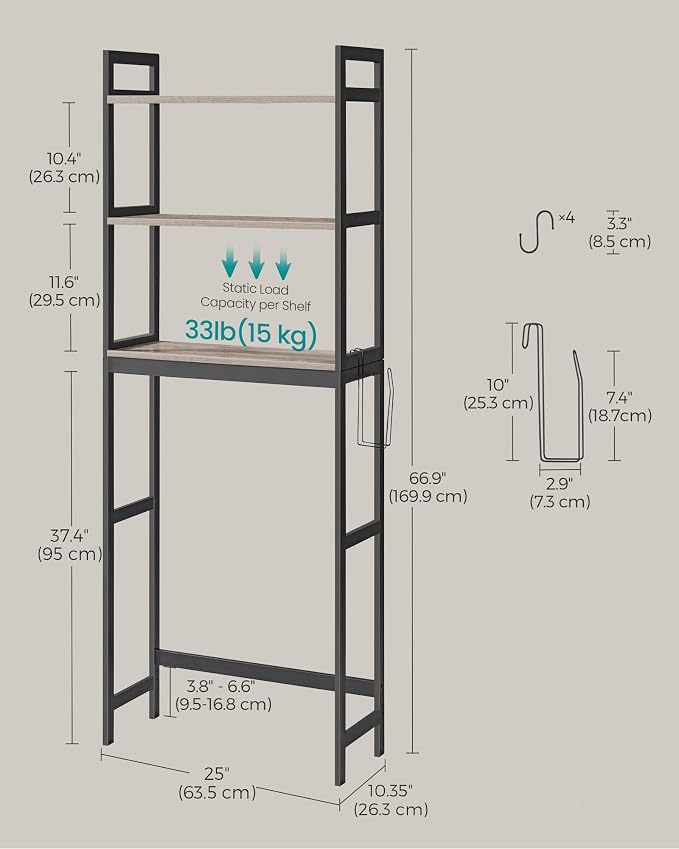 SONGMICS 3-Tier Bamboo Over The Toilet Storage, Adjustable Shelf, 66.9''H - Image 3