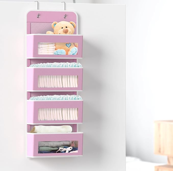 Simple Houseware 4 Clear Window Pocket Over Door Hanging Organizer, Pink - Image 4