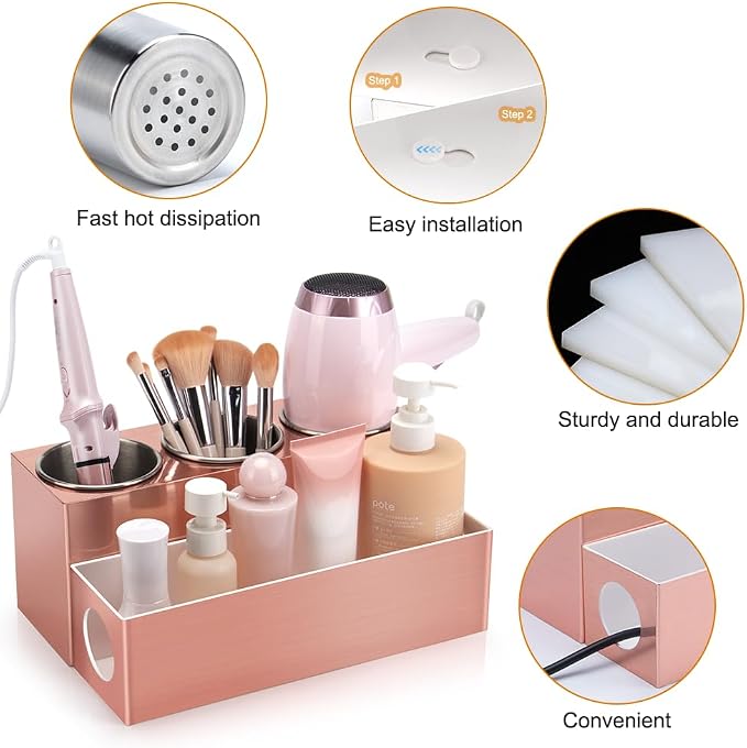 GFWARE Hot Hair Styling Tool Organizer with 3 Stainless Steel Cups, Pink - Image 6