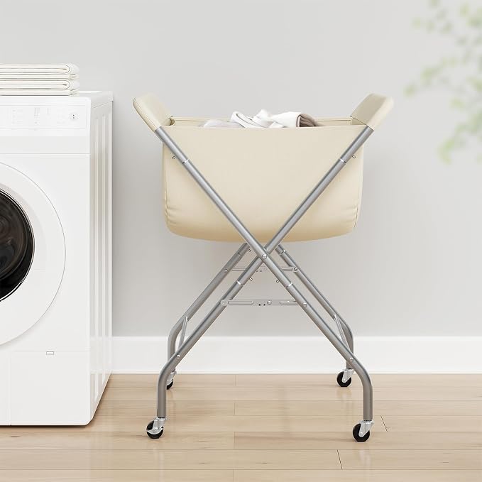 ELYKEN Laundry Basket with Wheels, Collapsible Laundry Hamper, Cream - Image 2