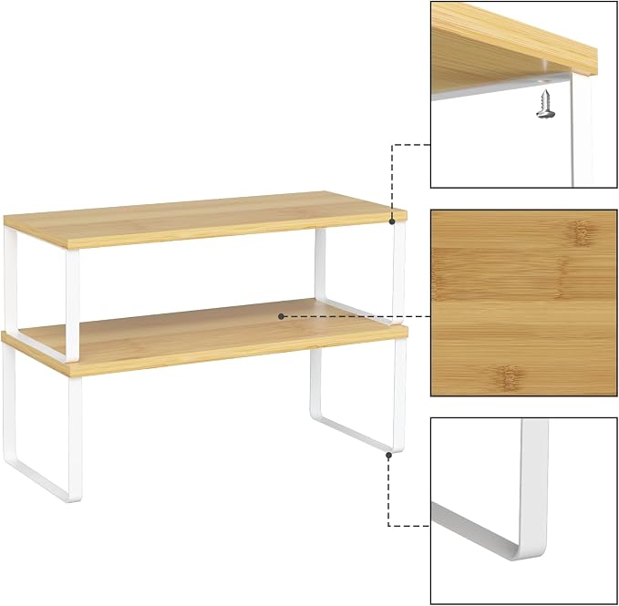 NEX Kitchen Cabinet and Counter Shelf Organizer, Stackable & Expandable, Set of 4, White and Natural - 7.7 x 15.6 x 6.2'' - Image 5