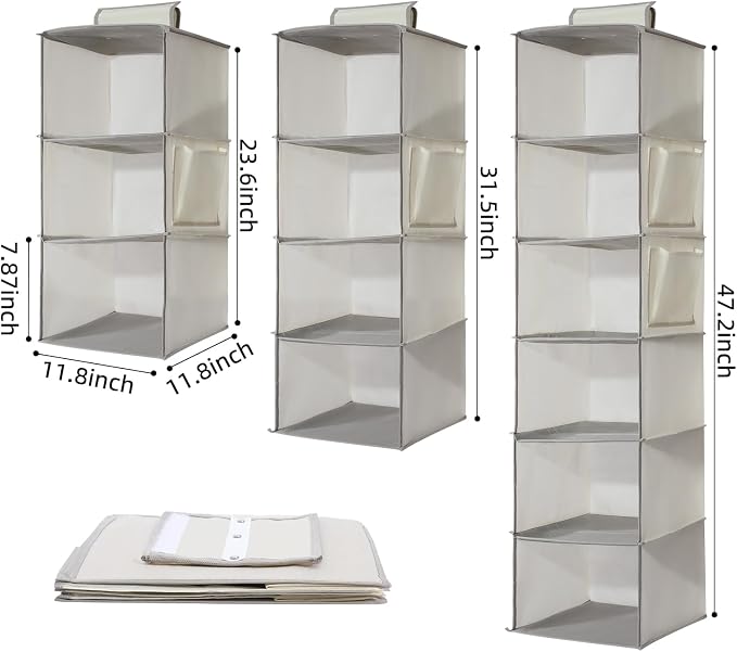 2 Packs Hanging Closet Organizer Storage, 4-Shelf Hanging Shelves for Closet, Closet Clothes Organizer and Storage with Side Pocket, Beige - Image 2