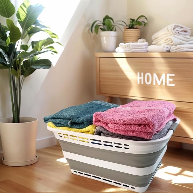 SAMMART 42L (11 Galloons) Collapsible Plastic Laundry Basket - Foldable Pop Up Storage Container/Organizer - Portable Washing Tub - Space Saving Hamper/Basket [BPA Free] (White/Grey (Set of 2)) - Image 3