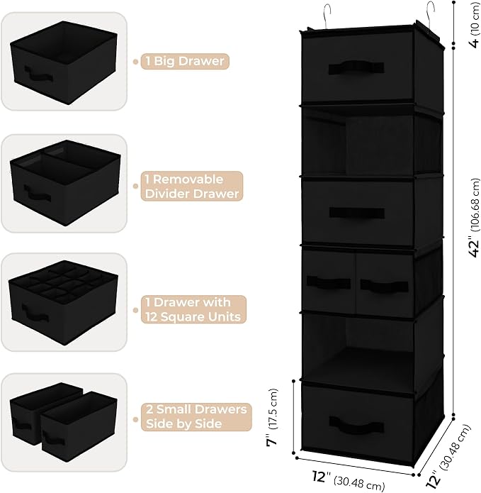 GRANNY SAYS Hanging Closet Organizer, 5 Drawers, 6 Shelves, 6 Pockets | Hanging Closet Organizer with 5 Different Drawer Designs, 6 Shelves & Reinforced Structure for Organized Small Spaces, Black - Image 3