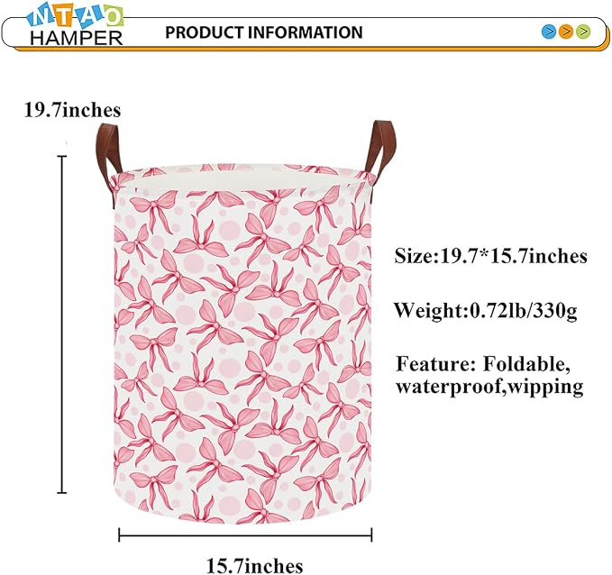 Bowknot Waterproof Laundry Hamper, Baby Nursery Hamper, Clothes Organizer Basket, Room Decor with Portable Design and Foldable (Pink Bowknot) - Image 2