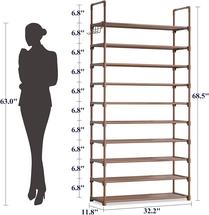 Kitsure 10 Tier Shoe Rack, Tall Shoe Organizer, 32.2" Wide, Brown | Large-Capacity Shoe Storage with Hooks, Shoe Shelf for Closet, Entryway, Bedroom, Living Room, Zapateras Organizer - Image 2