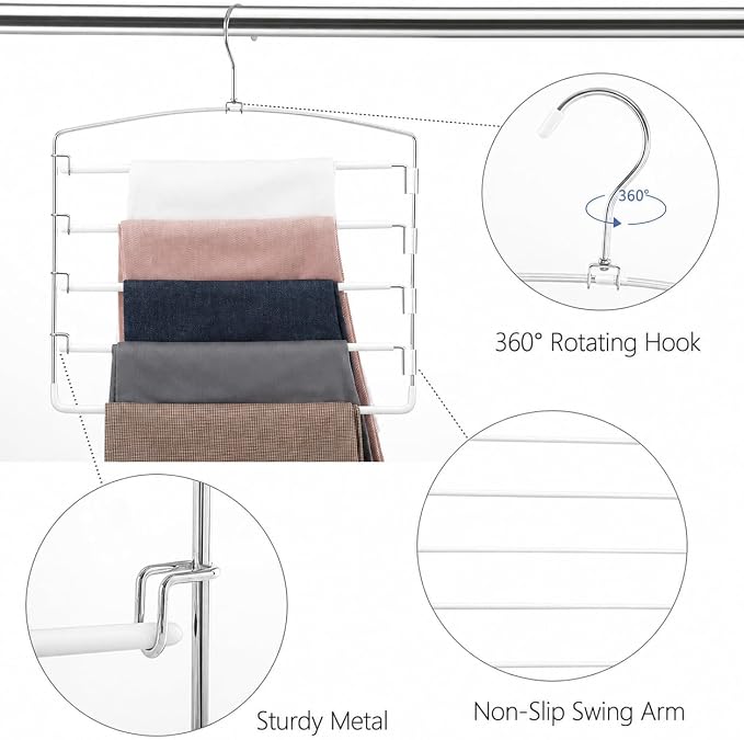 Pants Hangers Space Saving 3 Pack 5 Layer Swing Arm Hanger White - Image 3