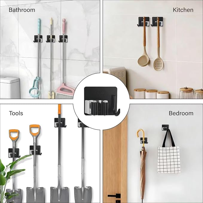 5 Pack Broom and Mop Organizer Wall Hanging, Adhesive Broom Holder, Black - Image 7
