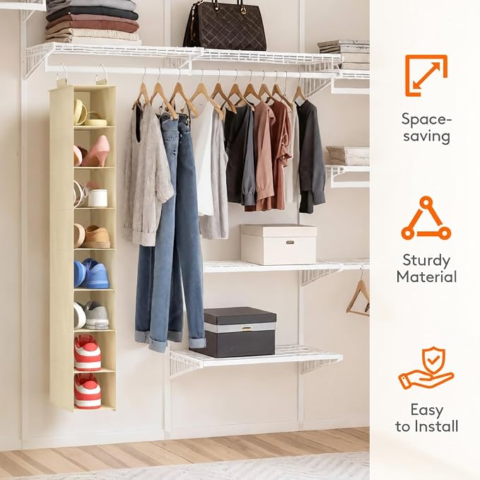 Lifewit 8 Section Hanging Shoe Storage Organizer for Closet Foldable, Beige | Folding Shoe Racks, Fabric Shoes Storage with Two Hangers, Closet Organizers and Storage for Wardrode, Dorm - Image 4
