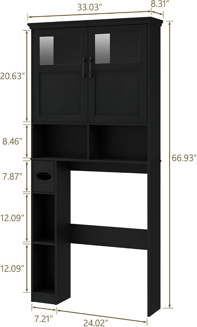 Vabches Over The Toilet Storage Cabinet with Doors & Paper Holder, Black - Image 2
