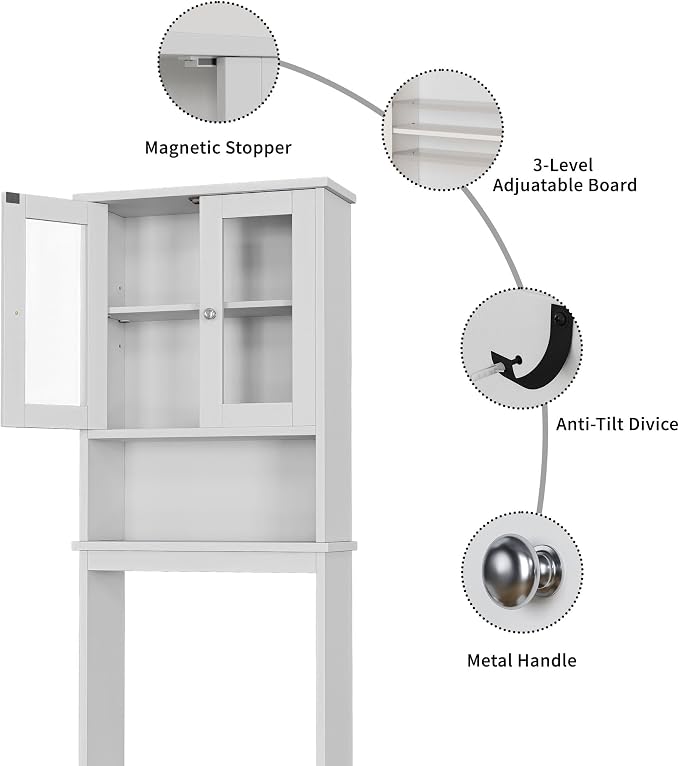 Shintenchi Over the Toilet Storage Cabinet, Bathroom Shelf Organizer with Anti-Tip Device Small Freestanding Space Saver with Adjustable Shelf and Glass Door, White - Image 7