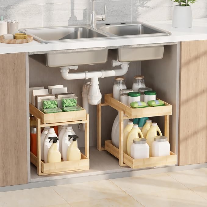APRTAT 2 Pack Bamboo Under Sink Organizer, 2-Tier Pull Out Storage Drawers by HEALTHYYOU