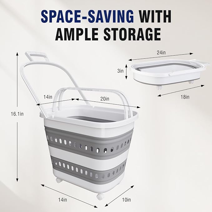 Collapsible Plastic Rolling Laundry Basket Hamper with Wheels, 45L Portable Rubber Clothes Basket, Pop Up Storage Container/Organizer for Washing & Storage, Grey - Image 4