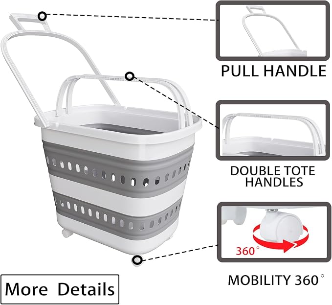Folding Laundry Basket with Wheels Handle Collapsible Plastic Hamper 38L Portable Rubber Clothes Multi Use Grocery Shopping Cart Pop Up Storage Container Organizer with Hanging Space Saving White Grey - Image 3
