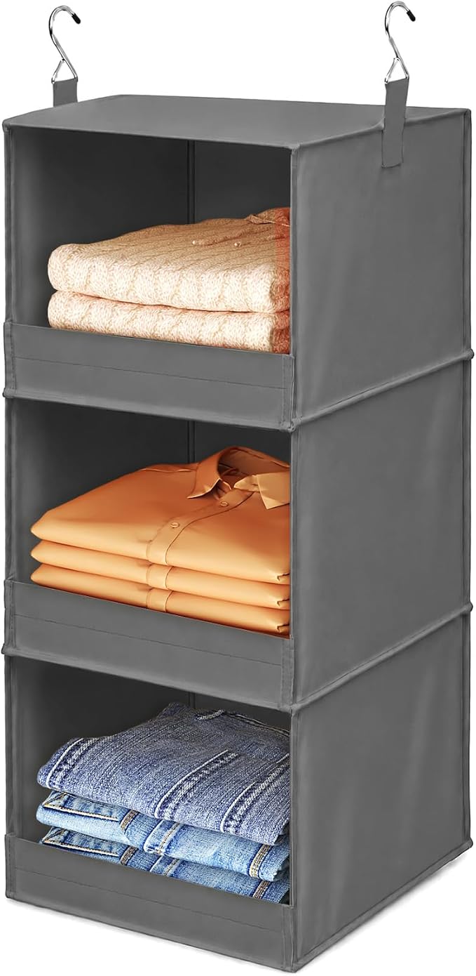 Lifewit RV Storage and Organization, Hanging Closet Shelves | 3 Shelf Front Anti-Slip Closet Organizers and Storage with 2 Sturdy Hooks, Vertical, Foldable, for Camper, Grey, 1 Pack by Lifewit