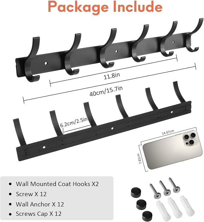 Optish Coat Rack Wall Mount, Wall Hooks for Hanging, Entry Coat Hooks Coat Hanger, Hat Rack Holder for Wall, Key Holder Purse Racks, Towel Rack for Bathrooms (2 Pack, Black) - Image 2