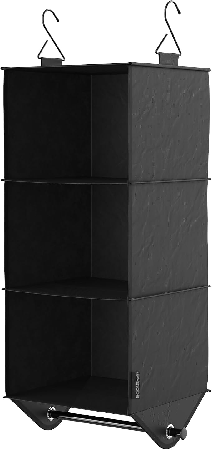 ClosetMaid 3-Shelf Fabric Hanging Closet Organizer with Garment Rod for Shirts, Sweaters, Pants, Hats, Shoes, Purses with Charcoal Black Finish by Unknown