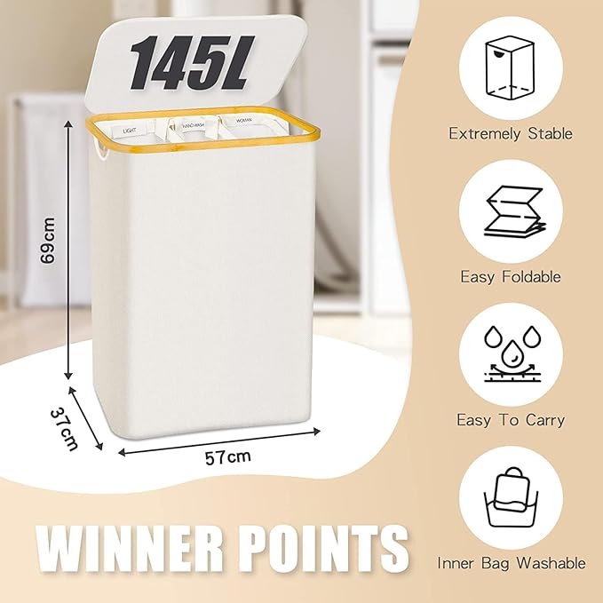 Hampers for Laundry Basket with Lid, 145L Large Laundry Hamper 3 Section - Image 4