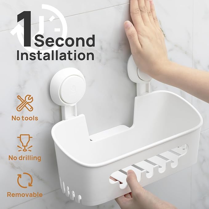 LEVERLOC Shower Caddy Suction Cup Set Shower Organizer & Soap Holder & Toothbrush Holder, Bathroom Shelf Basket NO-Drilling, Removable Suction Storage Waterproof Bathroom Caddy, White - Image 2