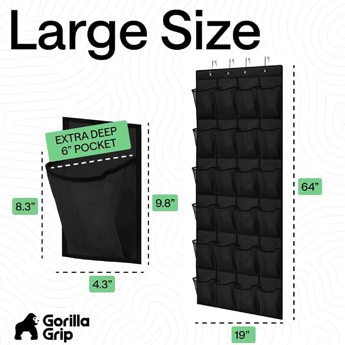 GORILLA GRIP Over the Door Shoe Organizer, 24 Extra Large Pockets, Black | Breathable Mesh Pocket, Space Saving Hanging Storage Holder, Closet Rack Hanger for Shoes, Pantry and Bathroom Accessories - Image 7