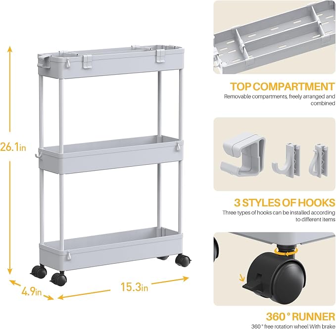 SPACELEAD Slim Storage Cart 3 Tier,Bathroom Organizer Rolling Utility,Mobile Shelving Unit Slide Out for Office, Kitchen, Laundry Room & Narrow Places,Gray - Image 4