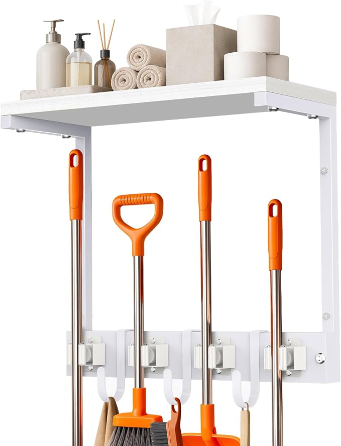 Supforce Small Broom Holder Wall Mount with Shelf, 4 Slots 3 Hooks by Supforce
