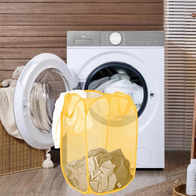 Mesh Pop up Laundry Hamper, Foldable Clothes Hamper Laundry Basket for Rooms, Apartment, College Dorm or Travel, Yellow - Image 5