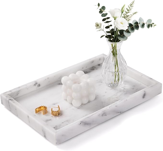 Bathroom Tray for Countertop, Marble Perfume Tray for Dresser Organizer, Marble Tray for Bathroom Counter & Home Decor, Natural Decorative Stone Vanity Trays, 12" x 8", Starry White by Homaura