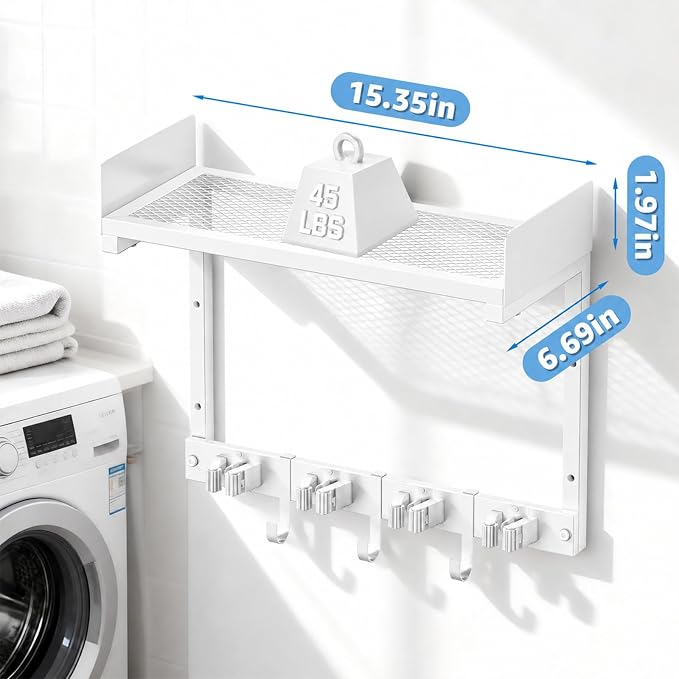 Mop Broom Holder Wall Mount with Top Shelf, Broom Organizer Wall Mount - Image 2