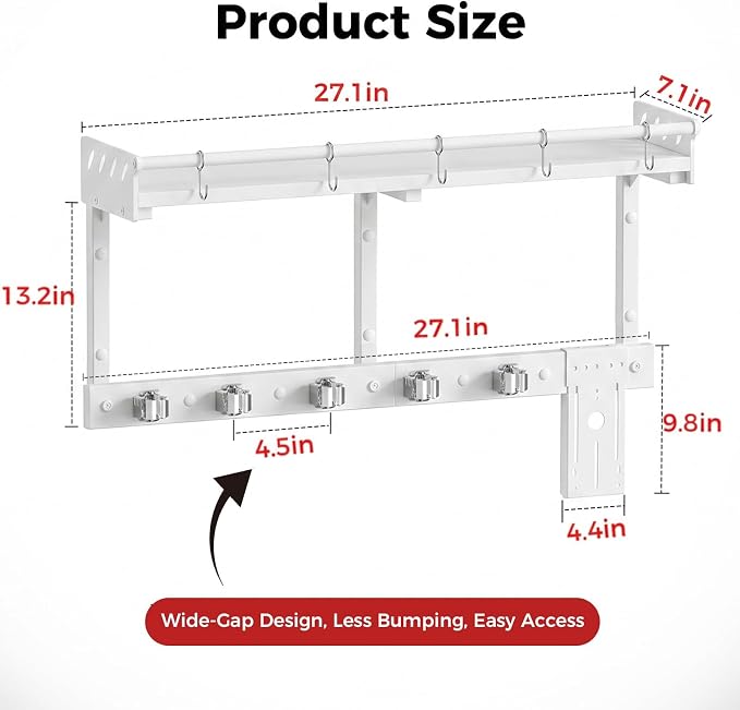 Broom Holder Wall Mount with Shelf,Broom Hanger,3 in 1 Broom and Mop Organizer Wall Hanging for Laundry,Garage,Utility,Broom Rack,Vacuum Stand Alternative,Cleaning Supplies Organizer Storage,White,L - Image 7
