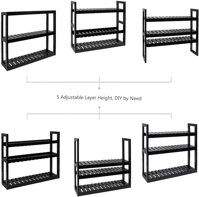 Domax Bamboo Bathroom Shelf 3-Tier Wall Mount Storage Rack Multifunctional Adjustable Layer Free Standing Over Toilet Utility Shelves Living Room Kitchen (Black) - Image 5