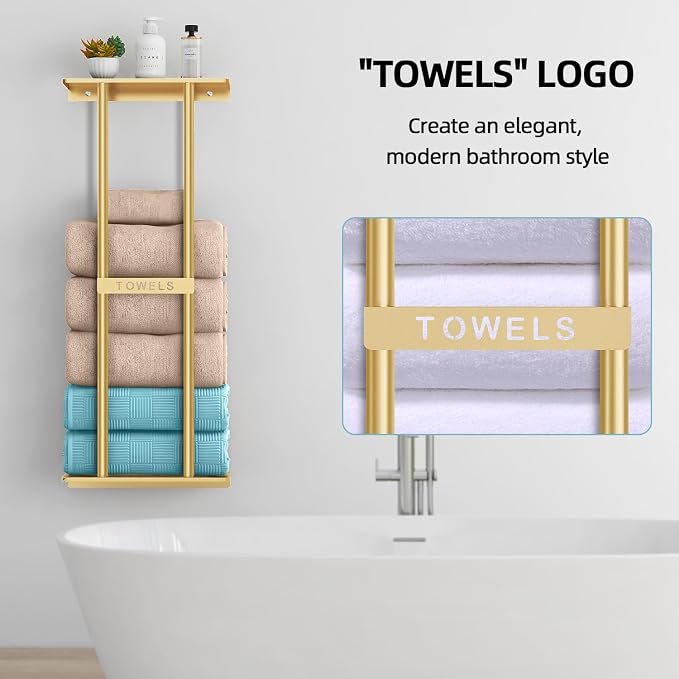 STWWO Bathroom Towel Storage Rack for Bathroom, 30 inch Towel Racks Wall Mounted with Shelf Can Holds 6 Large Towels, Wall Towel Rack for Rolled Towels, Gold - Image 5