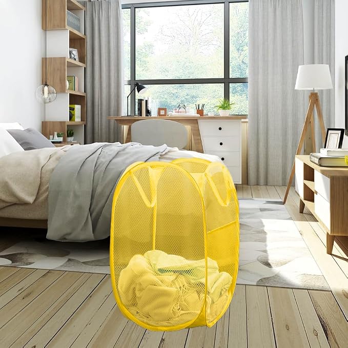 Mesh Pop up Laundry Hamper, Foldable Clothes Hamper Laundry Basket for Rooms, Apartment, College Dorm or Travel, Yellow - Image 6
