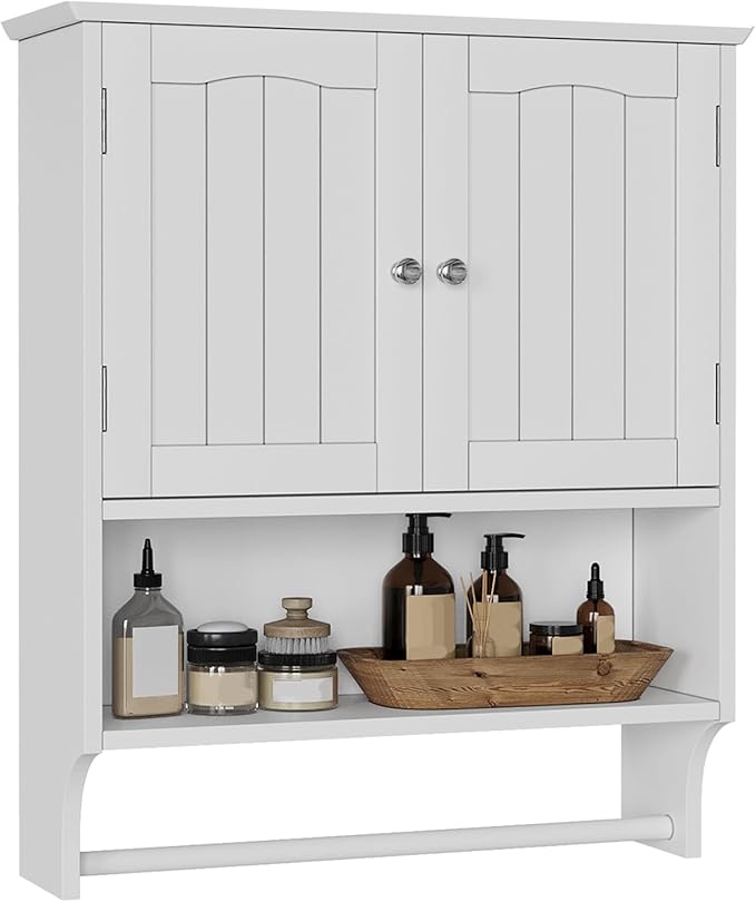 Bathroom Cabinet, White Bathroom Wall Cabinet with 2 Doors and Adjustable Shelf, Wall Mount, Towel Rack, Over The Toilet Storage Cabinet, Medicine Cabinet - Image 6