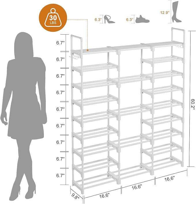 WOWLIVE 9 Tier 3-Column Shoe Rack, 50-55 Pairs Stackable White - Image 3