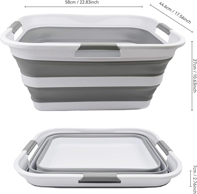 SAMMART 42 (11 Gallons) Collapsible Plastic Laundry Basket, Foldable Pop Up Storage Container/Organizer, Space Saving Hamper, Portable Bin for Dorm Room Bathroom (2, White/Grey) - Image 3