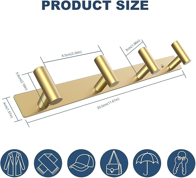 VAEHOLD Hat and Coat Wall Mount Rack - Hooks for Robes, Bags, Keys, and Towels - Bathroom Towel Hanger Organizer (Gold, “T“ Shape 4 Hooks 1 Pack) - Image 7