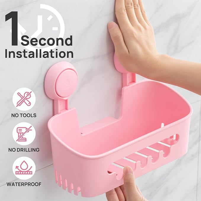 LEVERLOC Shower Caddy Suction Cup Set Shower Organizer & Soap Holder, Pink - Image 2