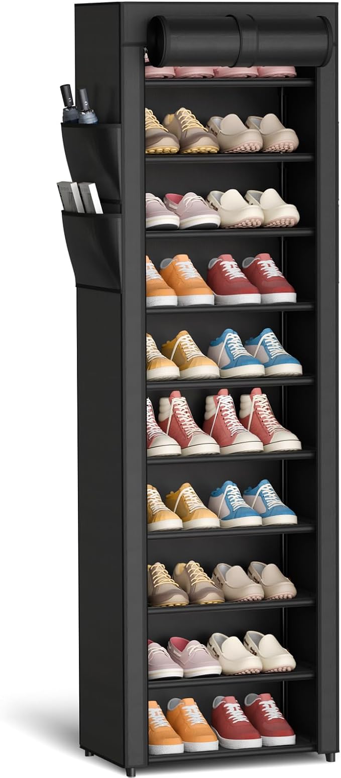 Kitsure 10-Tier Shoe Rack with Cover, Vertical Shelf, 17.5" Wide, Black | Space Saving Shoe Storage with Side Pocket, Shoe Organizer for Closet, Entryway, Bedroom, Zapateras Organizer by Kitsure