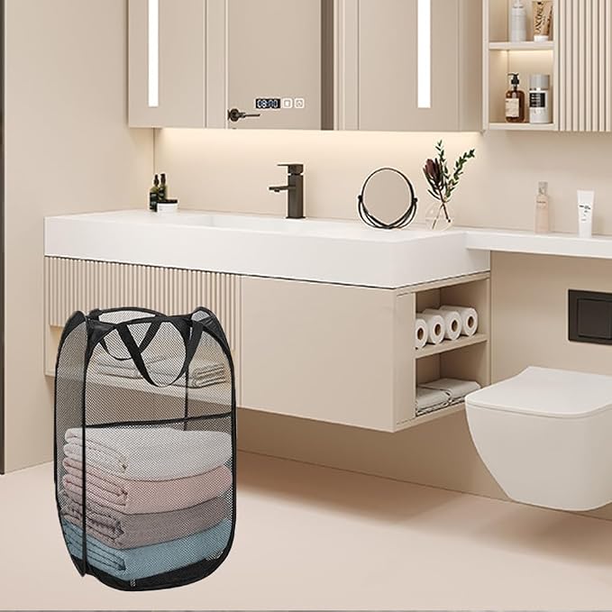 Mesh Pop Up Laundry Hamper, Collapsible Laundry Basket with Side Pocket, Dirty Clothes Mesh Basket Foldable for Cruise, Travel, Camping (Black - 1 Pack) - Image 4