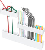 Acrylic Straw Organizer for Cabinet Door - 9.5'' Large White Adjustable 3-Part Reusable Drinking Straw Holder Dispenser Kitchen Accessories Container Cupboard Door Mounted by ENJOYYOURLIFE