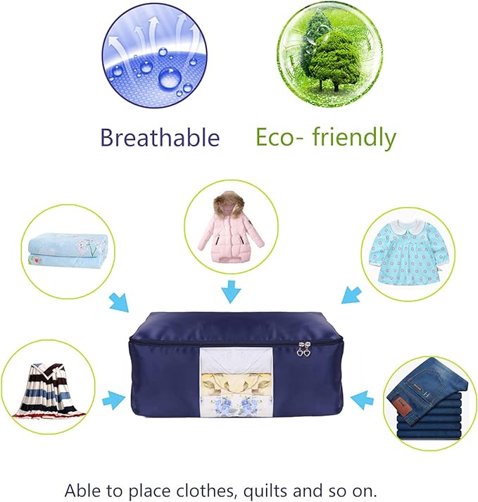 Blanket Storage Bags Pillow Bedspread Bedding Clothes Organizer Storage Containers With Zippers Breathable and Moistureproof. (Navy blue 2pcs, L) - Image 3