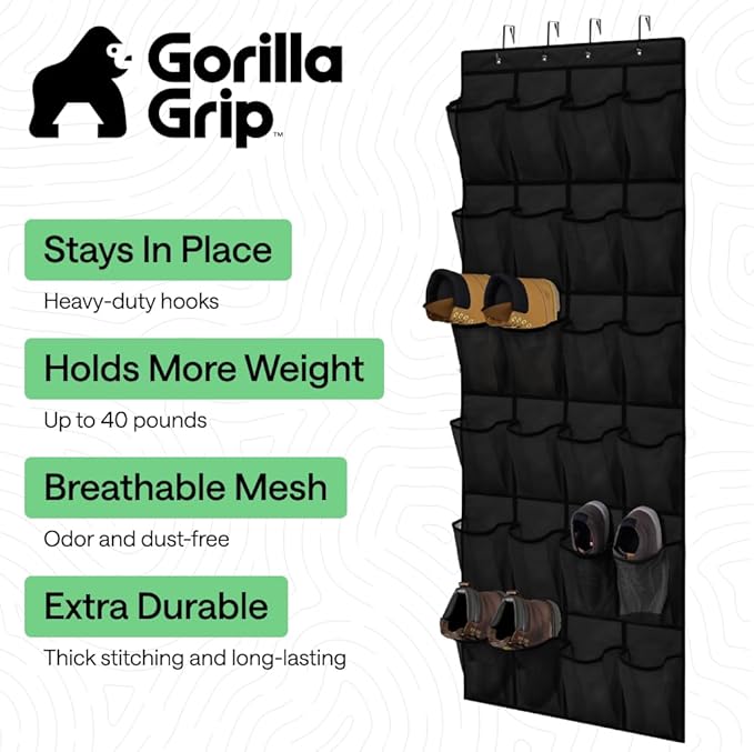 GORILLA GRIP Over the Door Shoe Organizer, 24 Extra Large Pockets, Black | Breathable Mesh Pocket, Space Saving Hanging Storage Holder, Closet Rack Hanger for Shoes, Pantry and Bathroom Accessories - Image 2
