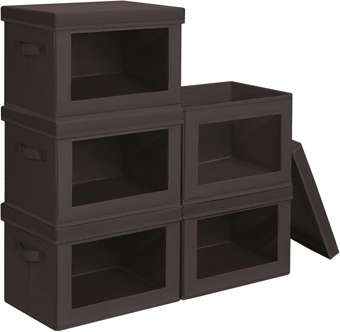 Homsorout Stackable Storage Bins with Lids - Medium Storage Box with Lids, Foldable Closet Boxes for Organizing, Wardrobe Clothes Organizer with Window, Cubes Bins for Living Room, 5 Pack, Brown by Homsorout
