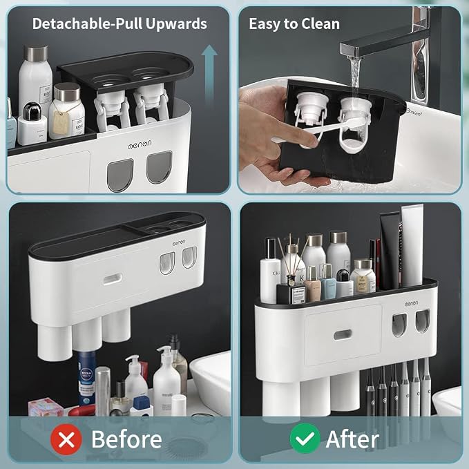 Toothbrush Holders Wall Mounted, Toothbrush Holder with Automatic Toothpaste Dispensers, 6 Brush Slots, 3 Magnetic Cups,1 Cosmetic Drawer Organizer and 1 Large Storage Tray - Image 6